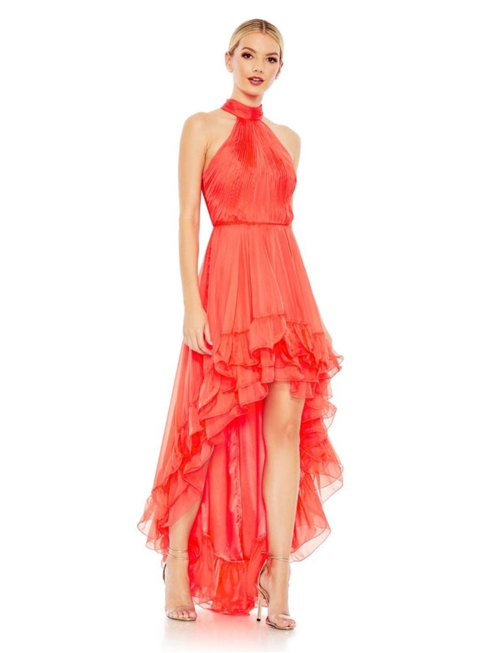 Mac Duggal Pleated Halter Ruffle High Low Dress